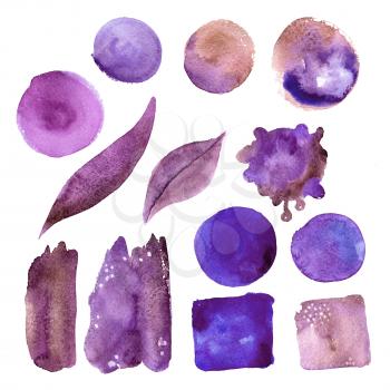 Set of Purple watercolor stains. Swabs suitable for texture advertising banners, Women's logos, backgrounds for postcard, party poster, coupon certificate and sale, business and invitation Card, Flyer