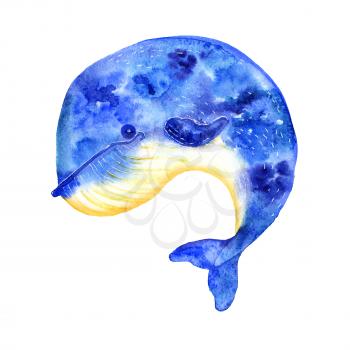 Blue watercolor whale. Illustration with a marine mammal.