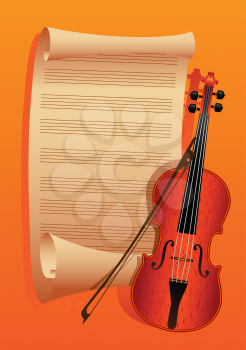 violin and bow on a background paper for the notes is minimized to roll