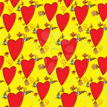 Seamless pattern with hearts and flowers with a doodle-style graphics sketch