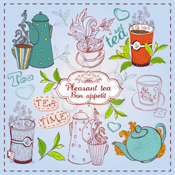 Cute hand drawn teapots, cups and leavs of tea.