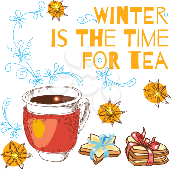 Tied with a cup of hot tea and cookies in the shape of a star with a blue ribbon. Star anise. Card.