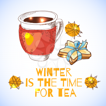 Tied with a cup of hot tea and cookies in the shape of a star with a blue ribbon. Star anise. Card.