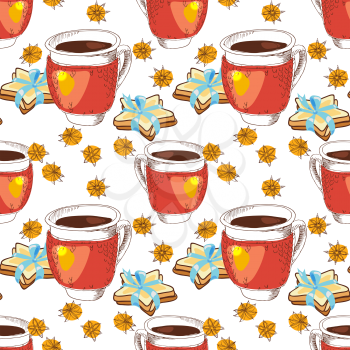 Seamless texture cup of tea, coffee, in knitting, cookies in the form of stars and star anise with doodle style