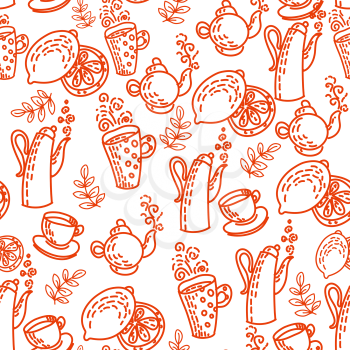 Red Seamless Pattern with Tea Cups. Vector Background Illustration.