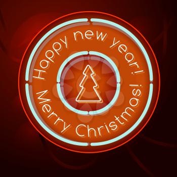 Retro Neon Sign Happy New Year and Merry Christmas lettering in the style of American roadside advertising vintage style 1950s