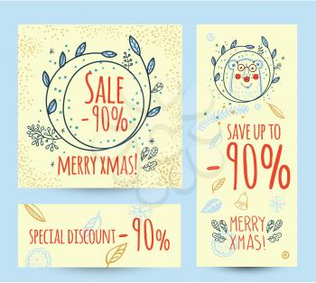 Discount, sale web banner with Christmas wreath. Hand drawn