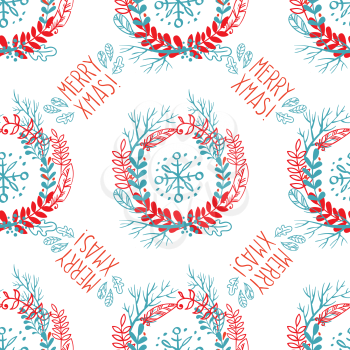 Seamless pattern of Christmas wreaths. Winter branches, labels with Christmas snowflakes.