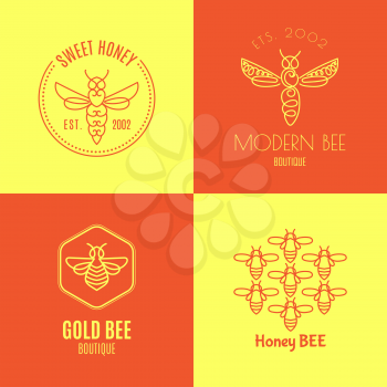 Logo with insect. Badge Bee for corporate identity, packaging luxury brand of bee products, eco-cosmetics, soap, medical products and honey. Trend style in thin line.