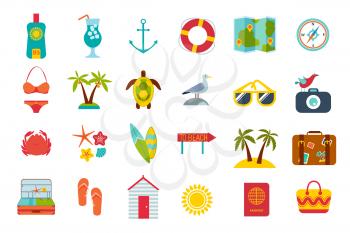 Set of summer icons. Beach accessories, sea objects, summer cosmetics, surfboards, animals and sea birds