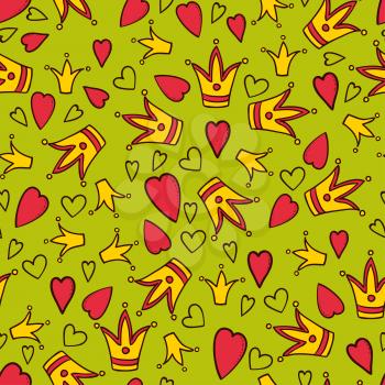 Little princess green seamless pattern. Hand drawn ornament with pink heart and gold crown Vector illustration
