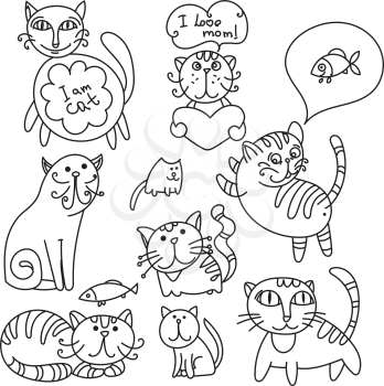 Set of cute cats with fish style doodle, sketch. For your design.