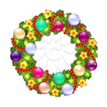 Christmas wreath with baubles and christmas tree, lights and stars on a white background. Vector illustration.