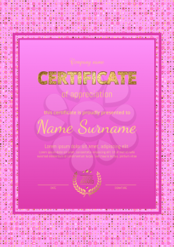 Beauty diploma, certificate of pink color. Vertical orientation. gold print, frame, luxury premium design. Elegant Template for rewarding for achievements in sports, business, graduation. Vector.