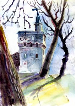 Old Vologda Kremlin (tower) in the spring. Painted in watercolor. Russia.