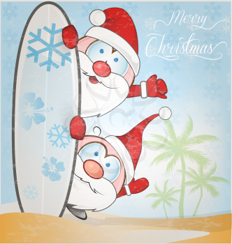 fun santa claus cartoon with surfboard on snow background
