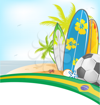 brazil summer background with surfboard and soccer ball