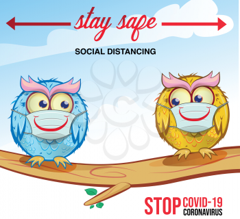 owls cartoon Keep distance. Coronovirus epidemic protective equipment, Preventive measures 