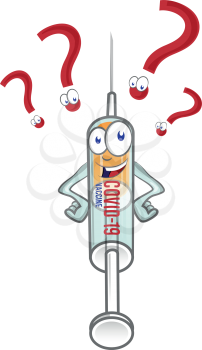 medical syringe corona virus covid-19  vaccine  with question mark .character mascot 