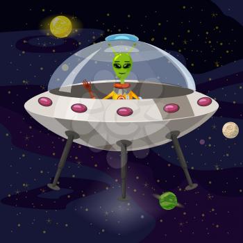 Cartoon Alien in Flying Saucer, UFO, vector