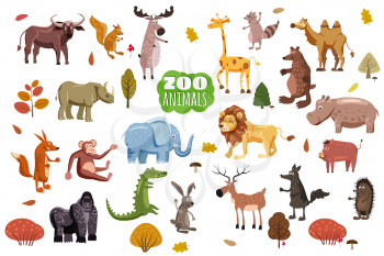 Big set of wild animals cartoon vectors. African, Australian, Asian, South and North American fauna predators and herbivorous species.