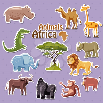 Set of cute African animals stickers, cartoon style, isolated, vector