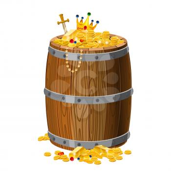 Wooden barrel with treasures, gold and precious stones, a crown