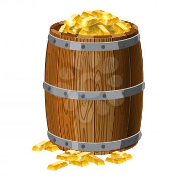 Wooden barrel with treasures, gold bars, with metal stripes