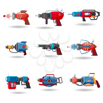 Set cartoon retro space blaster, ray gun, laser weapon. Vector illustration