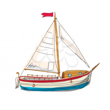 Sailing boat, yacht, seascape, resort beach rest travel vector illustration
