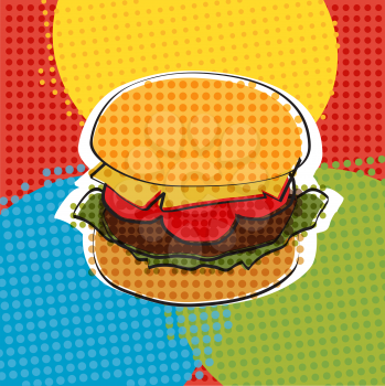 Delicious juicy burger with ingredients a set of salad, tomatoes, cheese, onions, cutlets, sauce, vector illustration