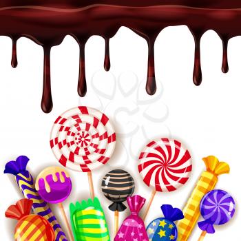 Candy Sweet Shop colourfull template set of different colors of candy, sweets, with chocolate drips