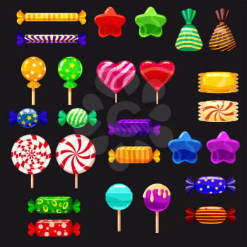 Set of different sweets on black background hard candies dragee jelly beans peppermint candy.