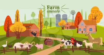 Farm animals and birds set in trendy cute style, including horse, cow, donkey, sheep, goat, pig, rabbit, duck, goose, turkey roosterram dog cat bull and chicken
