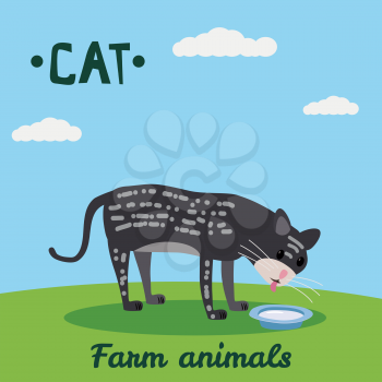 Cute Cat drink milk, farm animal character, farm animals, vector illustration on field background