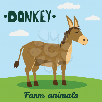Cute Donkey farm animal character, farm animals, vector illustration on field background