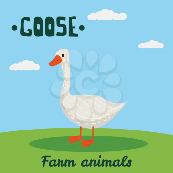 Cute Goose farm animal character, farm animals, vector illustration on field background