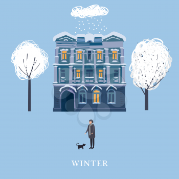 Winter, the house of the old town, a character man walks the dog, snow-covered trees