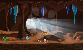 Treasure cave with chest gold coins, gems, crystals. Concept, art for computer game
