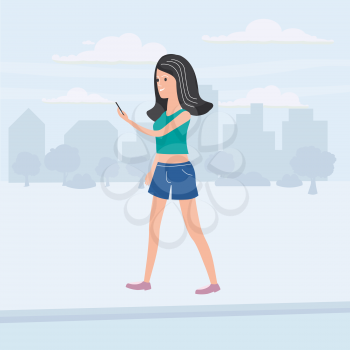 Girl teenager looks in smartphone on the go, background city, vector, illustration, cartoon style