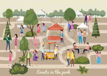 Different various people at park characters, men and women in the park, on vacation, events walk, meet, buy, communicate among themselves, vector, banner, illustration, isolated