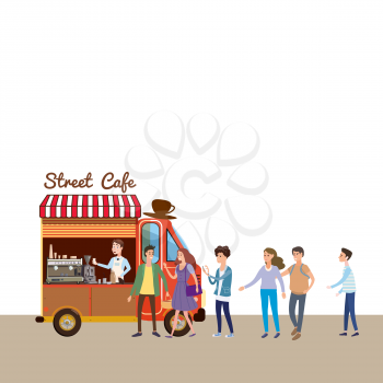 Mobile food Van, Coffe Food Truck vector, barista salesman, characters, men and women stand in line for coffee, and snacks, illustration