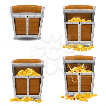 Set old pirate chests full of treasures, gold, vector, cartoon style illustration isolated