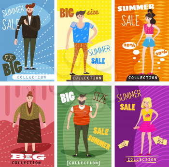 Cards for selling clothes, different sizes, characters for men and women, large-scale clothing, modern style graphics, posters, banners, advertising