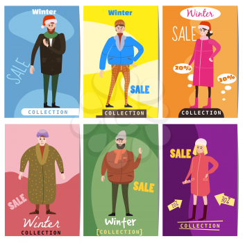 Set of winter sale cards with the characters of people, men and women of different ages in winter clothes