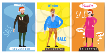 Set of winter sale cards with the characters of people, men and women in winter clothes