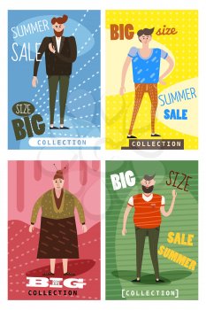 Super Sale clothing and accessories banner. Big sale, clearance. Cards for selling clothes, different sizes, characters for men and women, large-scale clothing