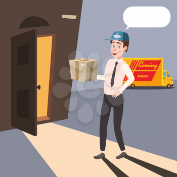 Delivery worker brings a parcel, cartoon style, isolated