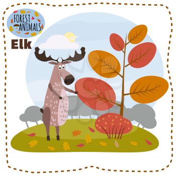 Cute cartoon elk on background landscape forest illustration, vector