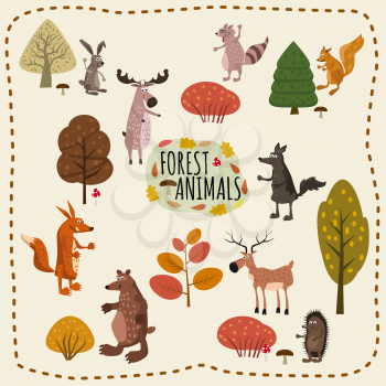 Set of forest animals, rabbit, bear, fox, elk, deer, squirrel, raccoon, hedgehog wolf and cute design elements of forest